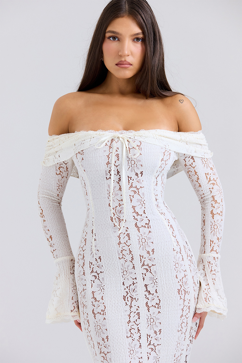 Floral Lace Off Shoulder Flare Sleeve Fishtail Maxi Dresses-White-Hayhty.All Rights Reserved.