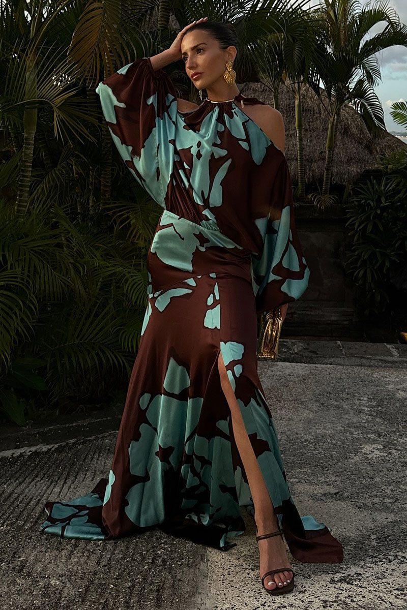 Cold Shoulder Halter Lantern Long Sleeve Cinch Waist Colorblock Maxi Dresses-Hayhty.All Rights Reserved.