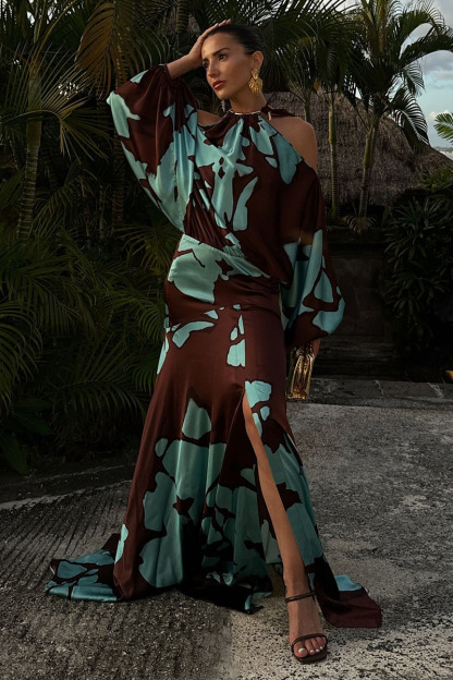 Cold Shoulder Halter Lantern Long Sleeve Cinch Waist Colorblock Maxi Dresses-Hayhty.All Rights Reserved.