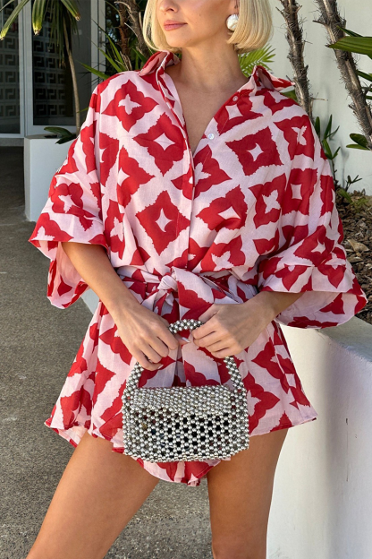 Graphic Print Half Sleeve Tie Belt Loose Fit Casual Playsuit Romper-Red-Hayhty.All Rights Reserved.