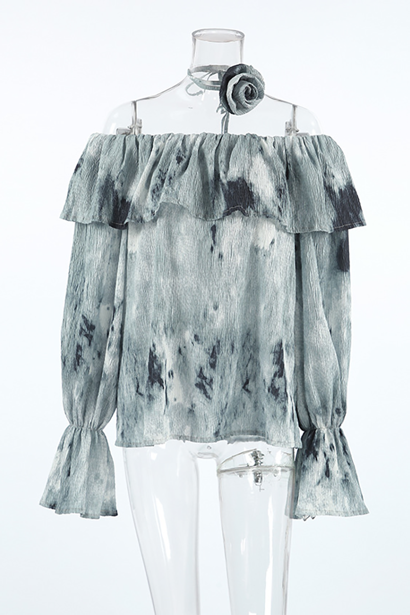 Ink Painting Print Off Shoulder Ruffled Overlay Flare Sleeve Top-Green-Hayhty.All Rights Reserved.