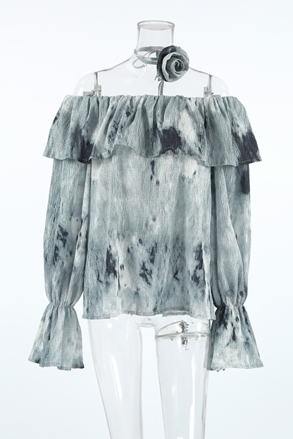 Ink Painting Print Off Shoulder Ruffled Overlay Flare Sleeve Top-Green-Hayhty.All Rights Reserved.