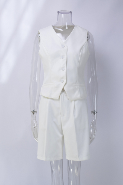 V Neck Button Up Vest Plain Shorts Matching Set-Grey-Hayhty.All Rights Reserved.