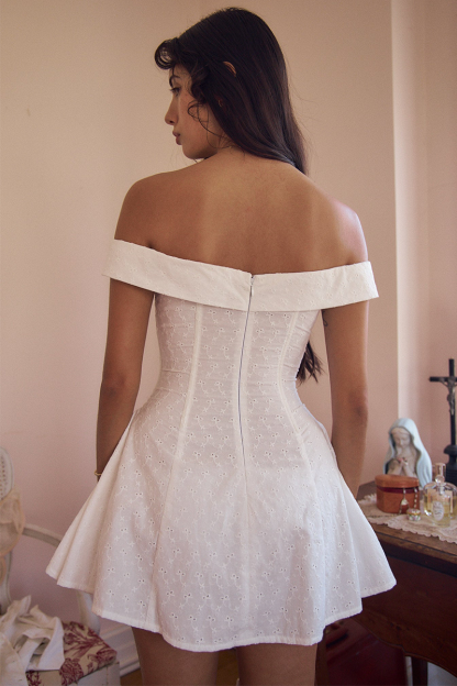 Off Shoulder Cinch Waist Jacquard Mini Dresses-White-Hayhty.All Rights Reserved.