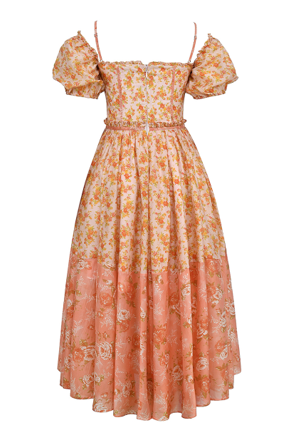 Floral Print Puff Sleeve Cinch Waist Colorblock Midi Dresses-Orange-Hayhty.All Rights Reserved.