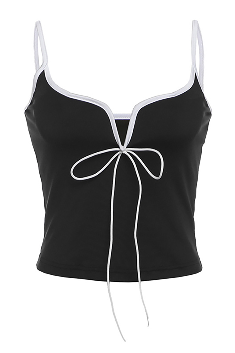 Irregular V Neck Tie Up Slim Fit Colorblock Crop Cami-Black-Hayhty.All Rights Reserved.