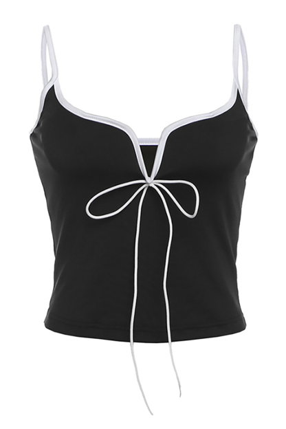 Irregular V Neck Tie Up Slim Fit Colorblock Crop Cami-Black-Hayhty.All Rights Reserved.