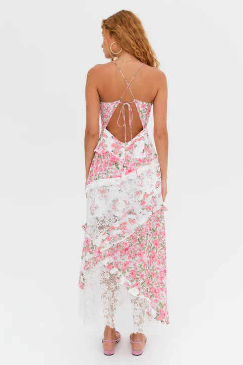 Ditsy Floral Print Deep V Neck Lace Patchwork Backless Slip Maxi Dresses-Green-Hayhty.All Rights Reserved.