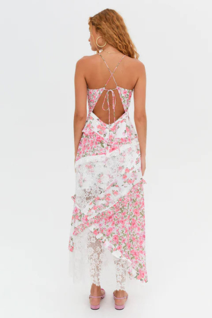 Ditsy Floral Print Deep V Neck Lace Patchwork Backless Slip Maxi Dresses-Green-Hayhty.All Rights Reserved.