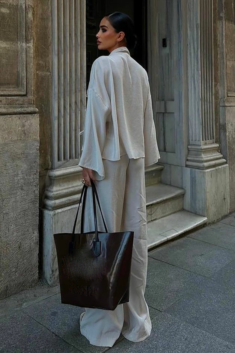 Front Tie Up Long Sleeve Top Solid Color Wide Leg Pants Matching Set-Yellow-Hayhty.All Rights Reserved.