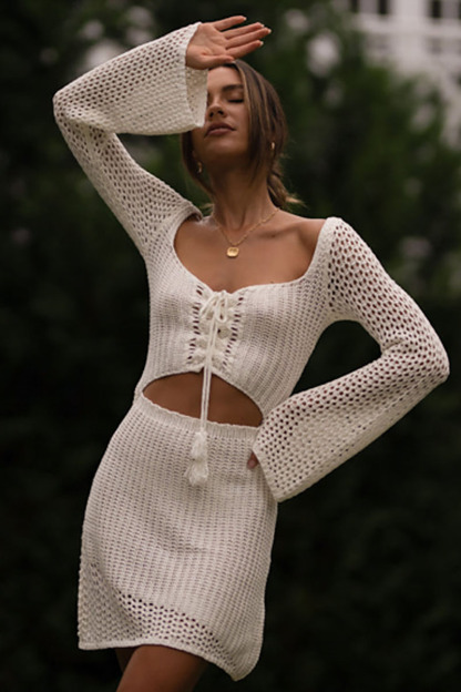Cut Out Knit Hollow Out Lace Up Vacation Mini Dress-Hayhty.All Rights Reserved.