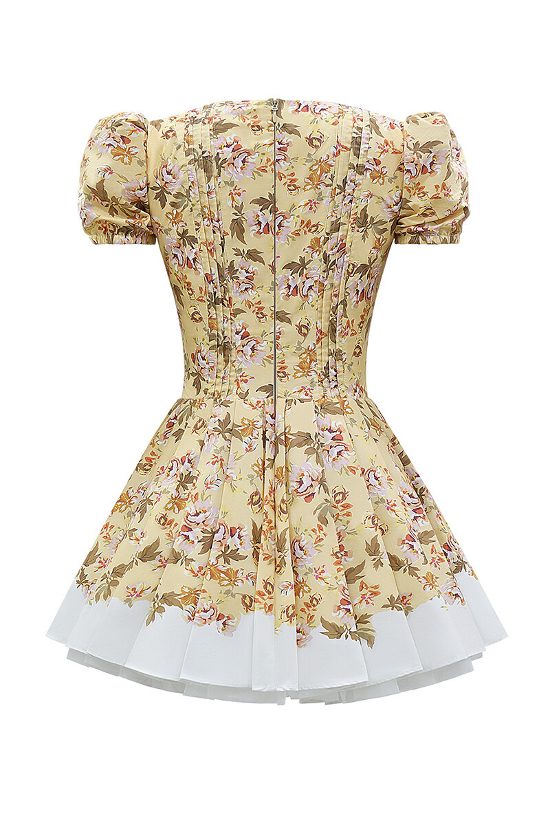 Floral Print Deep V Neck Juliet Sleeve Corset Mini Dresses-Yellow-Hayhty.All Rights Reserved.
