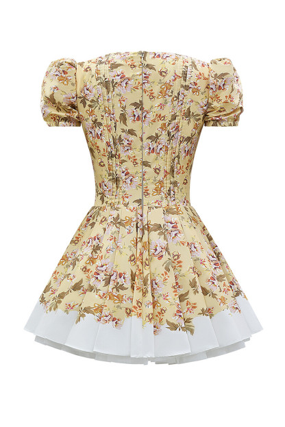 Floral Print Deep V Neck Juliet Sleeve Corset Mini Dresses-Yellow-Hayhty.All Rights Reserved.