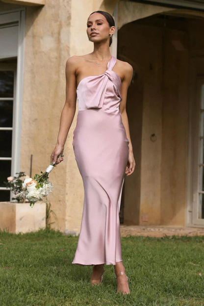 One Shoulder Backless Satin Bridesmaid Wedding Party Bodycon Fishtail Maxi Dress-Hayhty.All Rights Reserved.