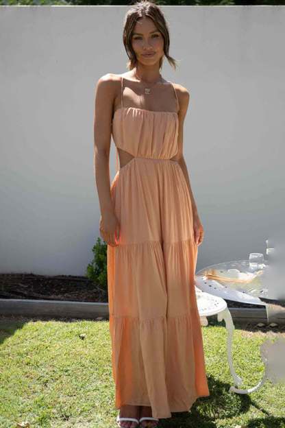 Ruched Cut Out Tiered Hem Vacation Slip Maxi Dress-Hayhty.All Rights Reserved.