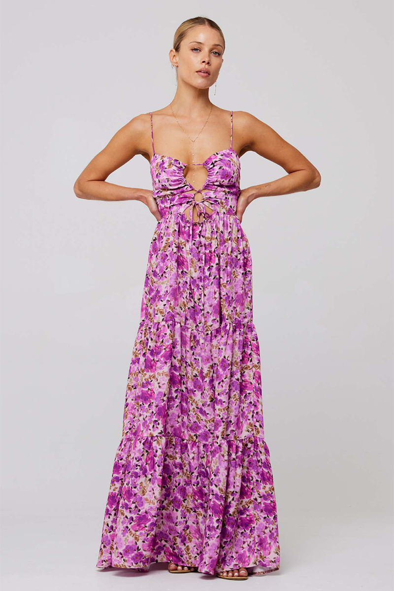 Floral Print Front Tie Up Spaghetti Strap Flowy Maxi Dresses-Orange-Hayhty.All Rights Reserved.