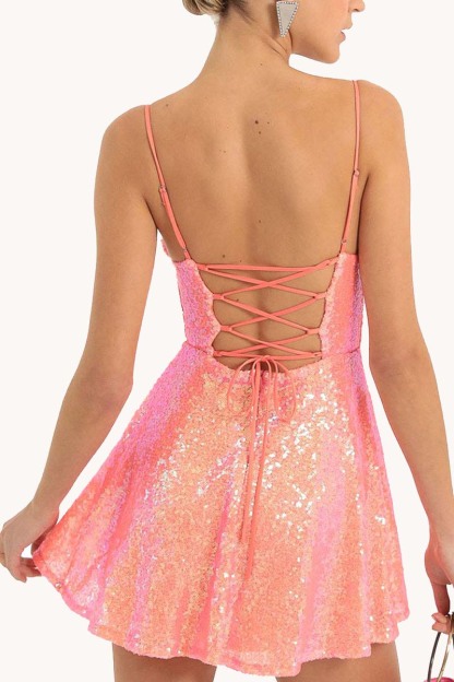 Sequins Cami Lace Up Backless A-Line Birthday Party Mini Dresses-Gold-Hayhty.All Rights Reserved.