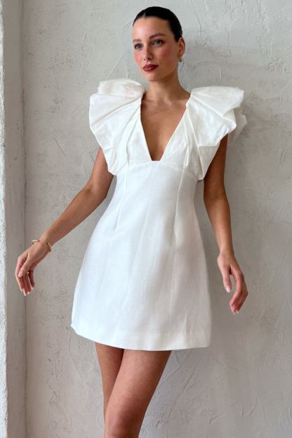 Deep V Neck Ruffle Short Sleeve Slim Satin Birthday Party White Mini Dresses-Hayhty.All Rights Reserved.