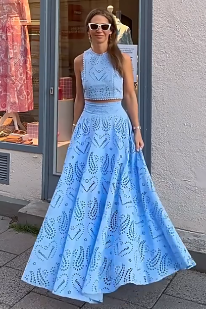 Hollow Out Pattern Sleeveless Crop Top High Waist Maxi Skirt Matching Set-Blue-Hayhty.All Rights Reserved.