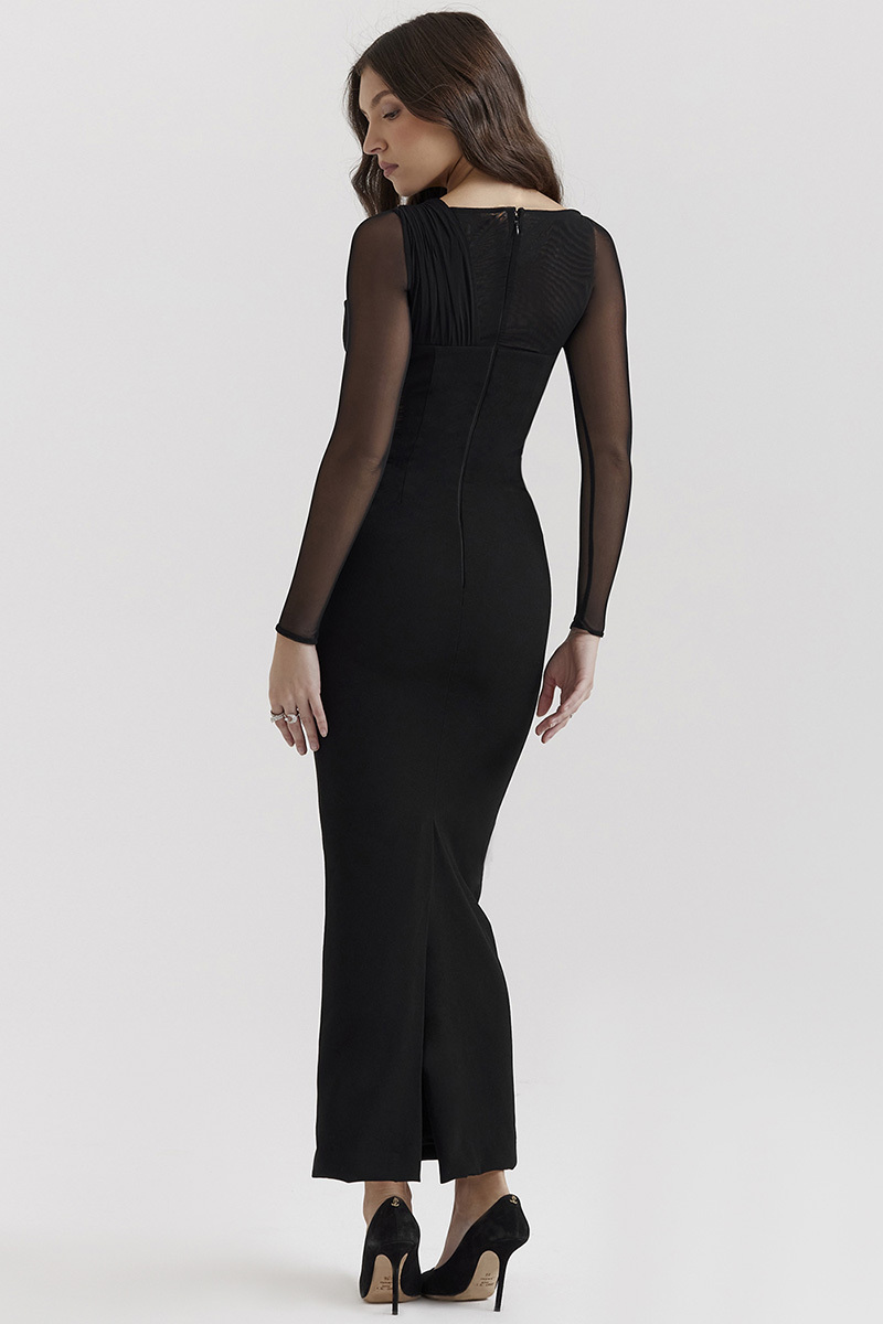 Irregular Cutout Long Sleeve Slim Fit Mesh Maxi Dresses-Black-Hayhty.All Rights Reserved.