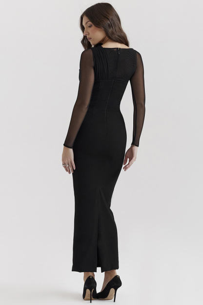 Irregular Cutout Long Sleeve Slim Fit Mesh Maxi Dresses-Black-Hayhty.All Rights Reserved.