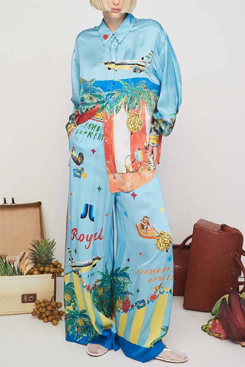 Vacation Mixed Print Turndown Collar Blouse Wide Leg Pants Matching Set-Blue-Hayhty.All Rights Reserved.