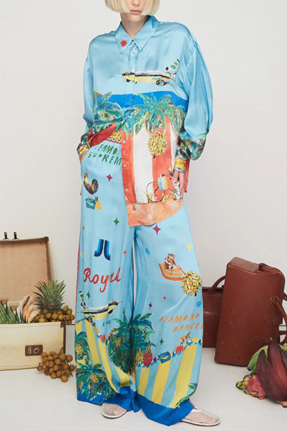 Vacation Mixed Print Turndown Collar Blouse Wide Leg Pants Matching Set-Blue-Hayhty.All Rights Reserved.