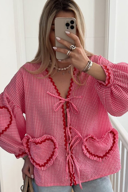 Plaid Pattern Wavy Trim Heart Pockets Tie Up Lantern Sleeve Top-Pink-Hayhty.All Rights Reserved.