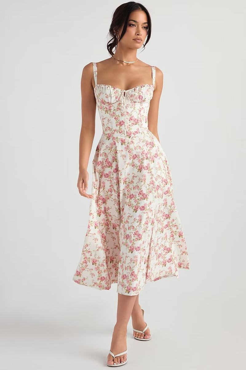 Tied Up Lace Up Floral Print Slit A-Line Vacation Slip Midi Dress-Hayhty.All Rights Reserved.
