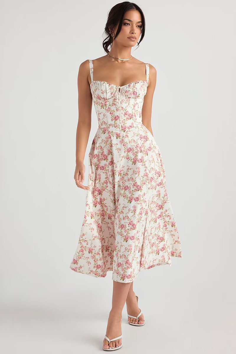 Tied Up Lace Up Floral Print Slit A-Line Vacation Slip Midi Dress-Hayhty.All Rights Reserved.