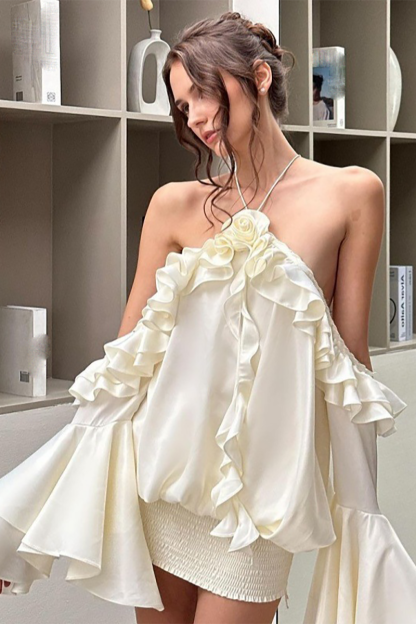 Off Shoulder Ruffled Flare Sleeve Backless Halter Mini Dresses-Ivory-Hayhty.All Rights Reserved.