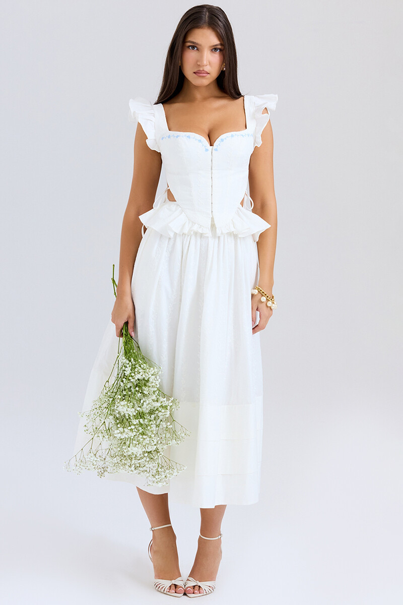 Side Cutout Embroidery Ruffled Corset Midi Skirt 2pcs Set-White-Hayhty.All Rights Reserved.