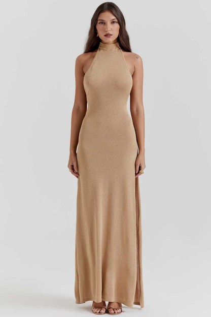 Stand Collar Backless High Slit Party Maxi Dresses-Khaki-Hayhty.All Rights Reserved.