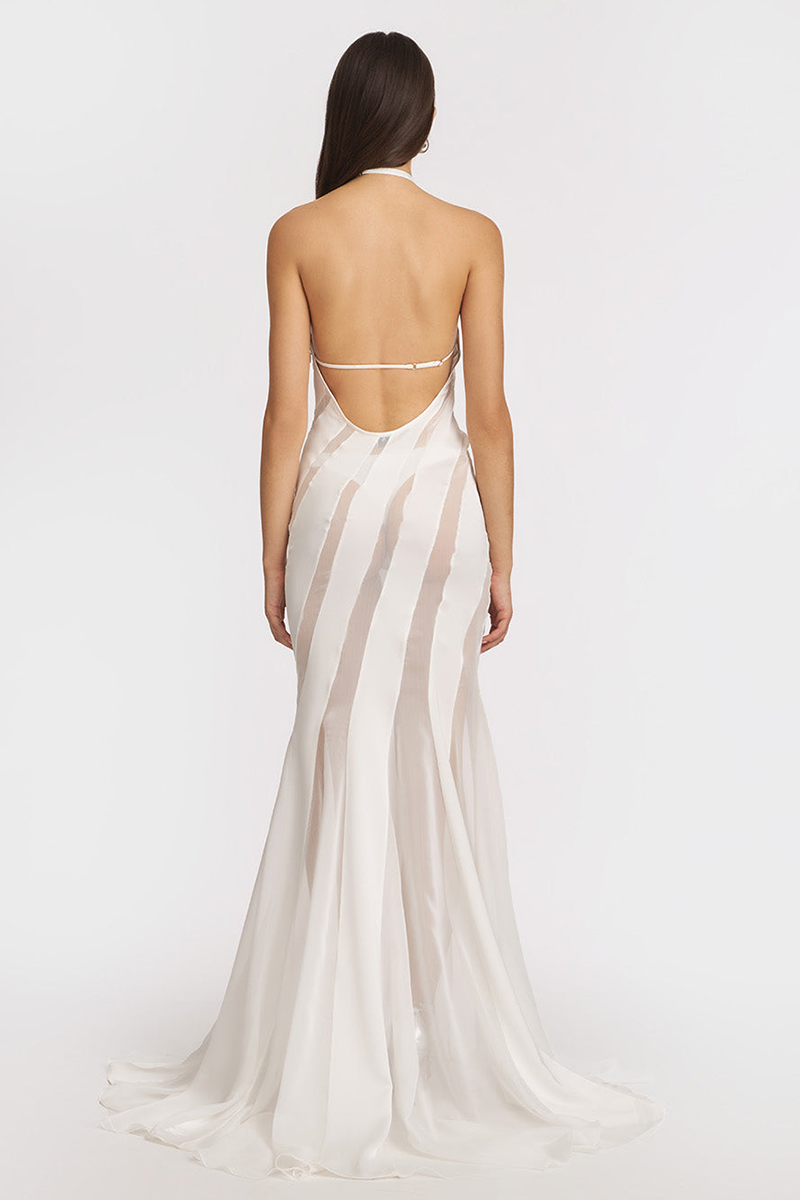 Halter Satin Sheer Chiffon Patchwork Mermaid Maxi Dresses-White-Hayhty.All Rights Reserved.