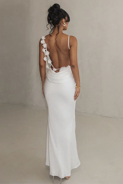 Open Back Draped Trim 3D Flower Decor Bridesmaid Slip Maxi Dresses-Green-Hayhty.All Rights Reserved.