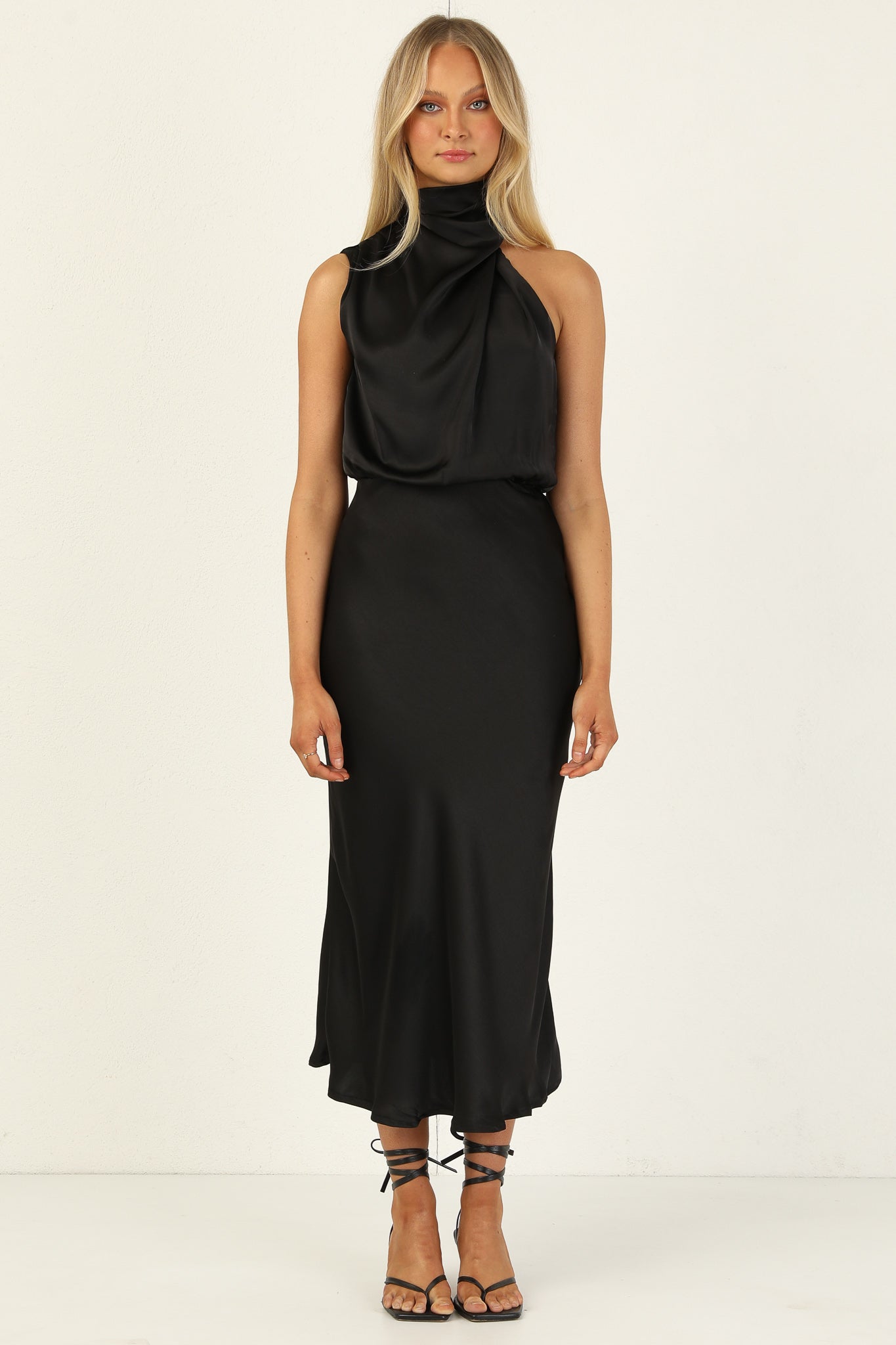 Turtleneck Sleeveless Satin Midi Dresses-Hayhty.All Rights Reserved.