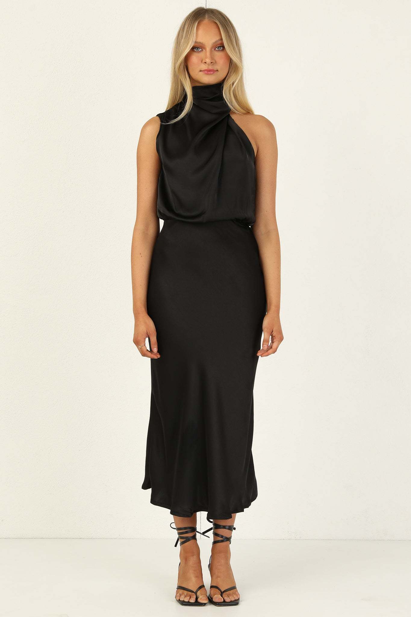 Turtleneck Sleeveless Satin Midi Dresses-Hayhty.All Rights Reserved.