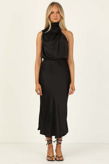 Turtleneck Sleeveless Satin Midi Dresses-Hayhty.All Rights Reserved.
