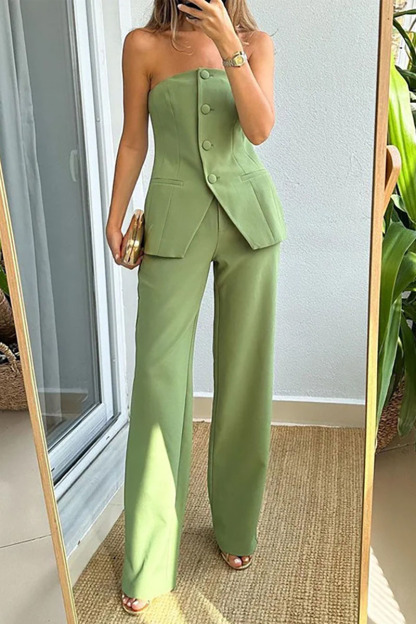 Button Up Boat Neck Slit Tube Top Straight Leg Pants Matching Set-Green-Hayhty.All Rights Reserved.