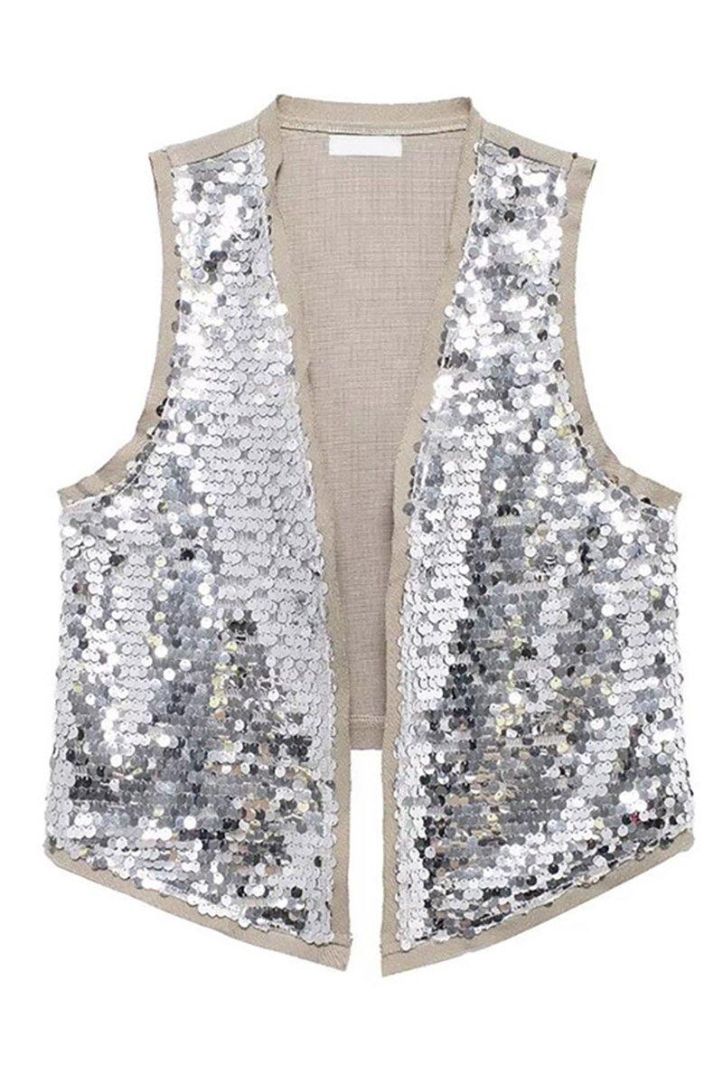Sparkling Sequin Vest Slim Fit Mini Skirt Matching Set-Silver-Hayhty.All Rights Reserved.