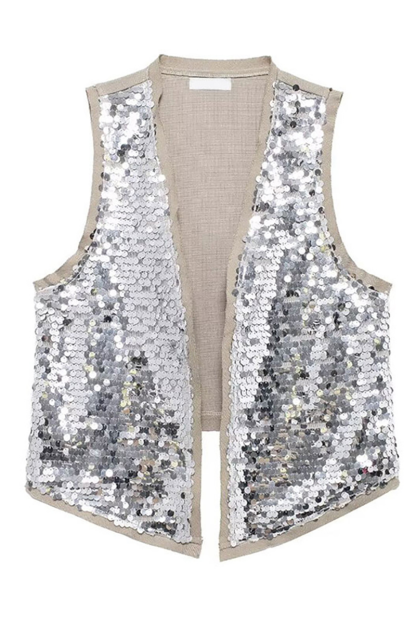 Sparkling Sequin Vest Slim Fit Mini Skirt Matching Set-Silver-Hayhty.All Rights Reserved.