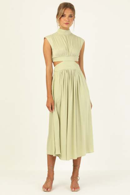 Stand Collar Sleeveless Open Waist Dress Maxi Dresses-Hayhty.All Rights Reserved.