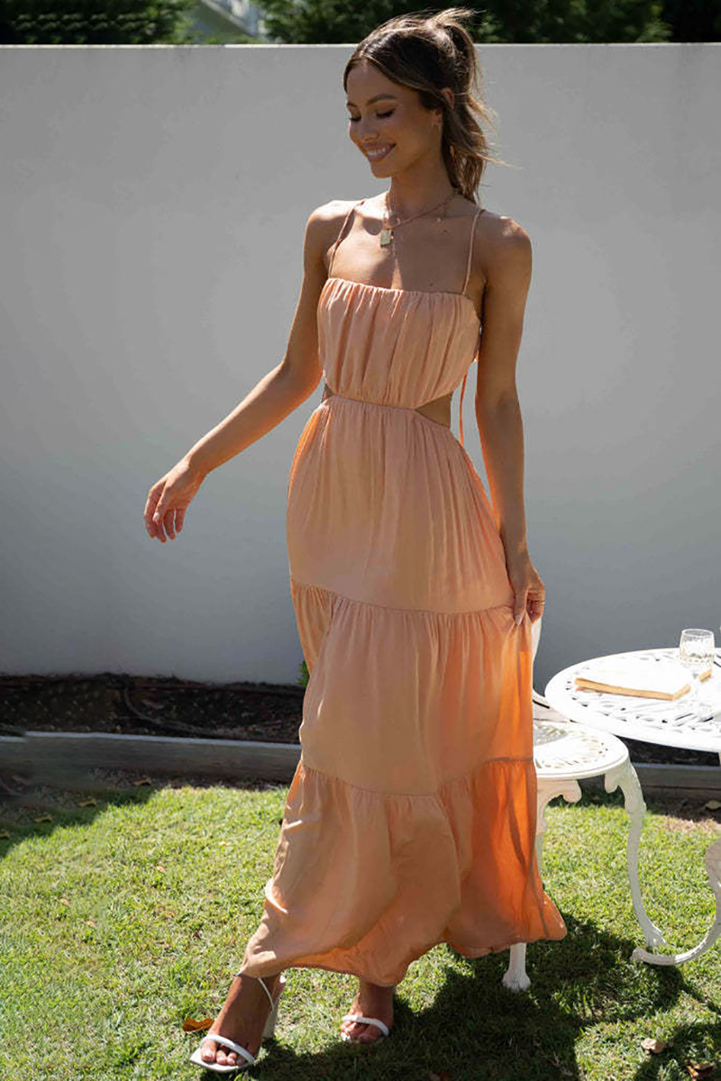 Ruched Cut Out Tiered Hem Vacation Slip Maxi Dress-Hayhty.All Rights Reserved.
