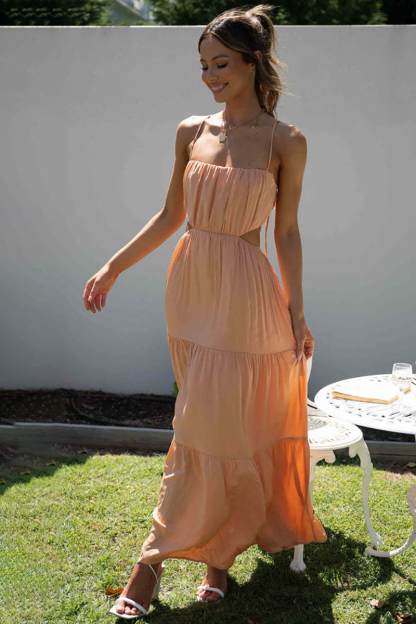 Ruched Cut Out Tiered Hem Vacation Slip Maxi Dress-Hayhty.All Rights Reserved.