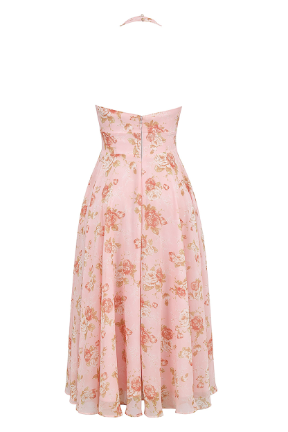 Deep V Neck Floral Print Cinch Waist Halter Midi Dresses-Pink-Hayhty.All Rights Reserved.