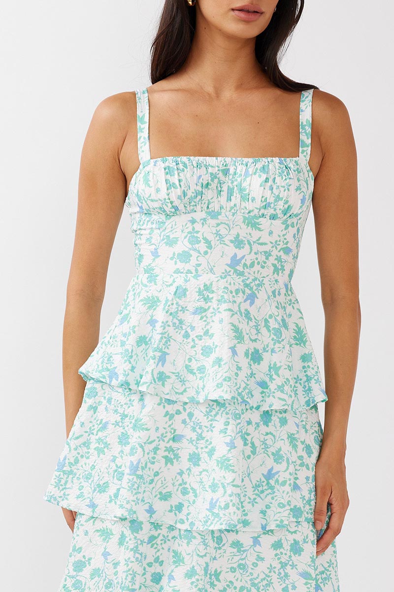 Floral Print Square Neck Straps Back Ribbon Cut Out Tiered Wedding Guest Maxi Dresses-Blue-Hayhty.All Rights Reserved.
