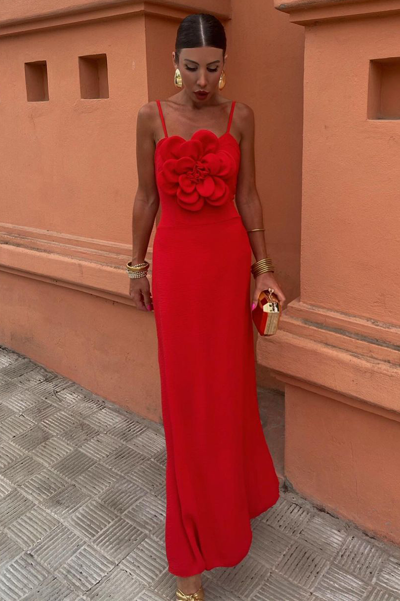 3D Flower Decor Solid Color Gowns Slip Maxi Dresses-Red-Hayhty.All Rights Reserved.