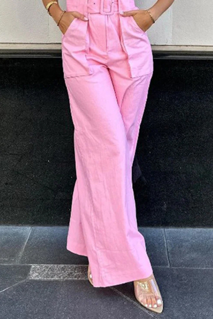 Turndown Collar Half Button Cap Sleeve Belt Wide Leg Jumpsuit-Pink-Hayhty.All Rights Reserved.