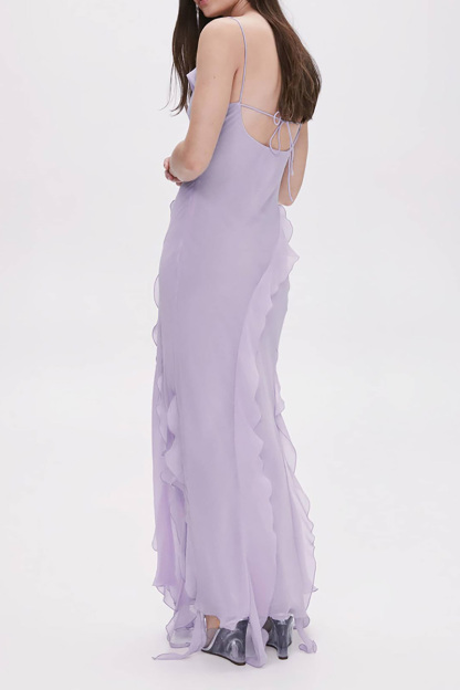 Cami Irregular Neck Ruffle Backless Tied Up Slit Tulle Formal Party Maxi Dress-Hayhty.All Rights Reserved.