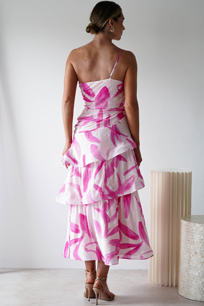 Pattern Print Tiered Hem One Shoulder Midi Dresses-Pink-Hayhty.All Rights Reserved.